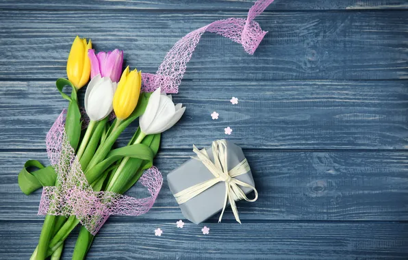 Flowers, gift, bouquet, colorful, tulips, pink, wood, pink