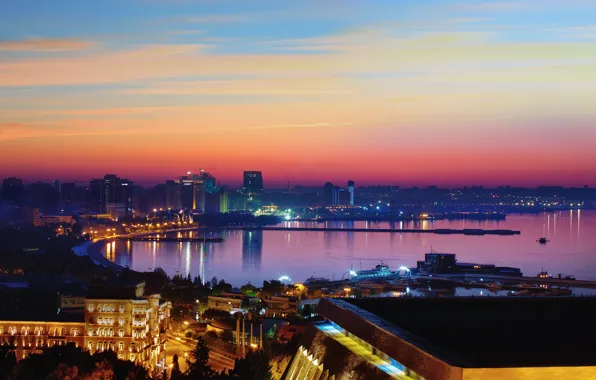 Picture sea, the sky, the city, sunrise, Baku