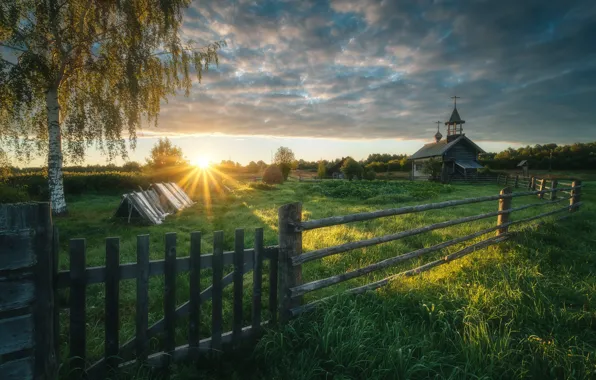 Picture summer, the sun, rays, landscape, nature, dawn, morning, Church