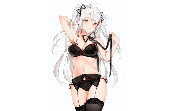 Girl, sexy, lingerie, bra, cleavage, panties, thighhighs, long hair