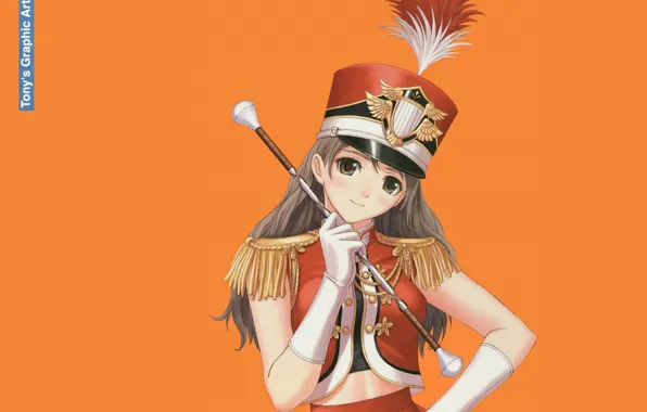Girl, orange background, rod, uniform, badge, kiver, gloves elbow, epaulettes