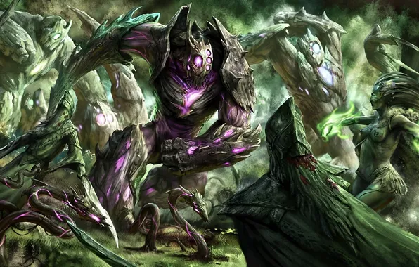 Forest, girl, magic, snake, monster, fantasy, art, battle