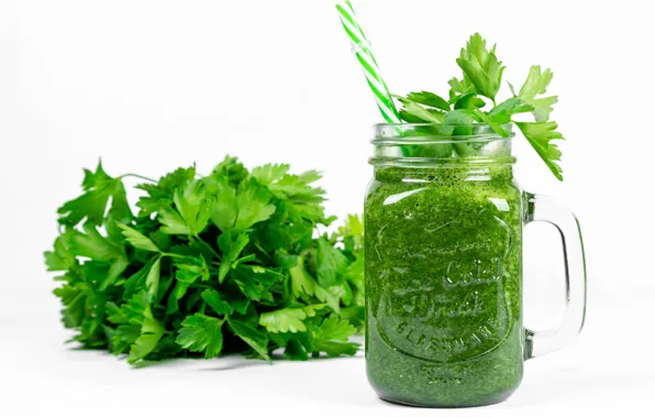 Bank, white background, drink, vegetables, parsley, smoothies