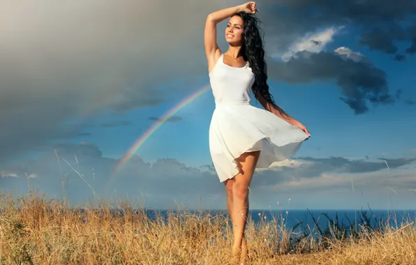 Sea, girl, clouds, rainbow, brunette