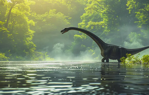 Water, Trees, River, Dinosaur, Neck, Animal, Tail, Digital art