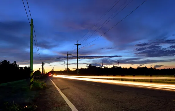 Road, light, landscape, night, trail