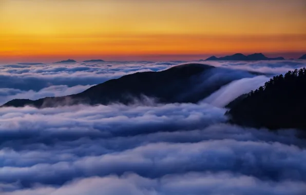 Clouds, landscape, mountains, dawn