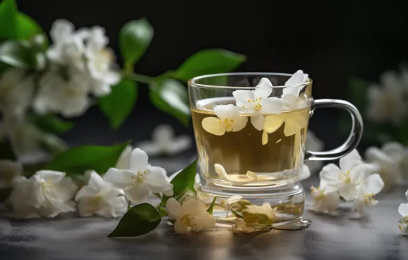 Flowers, tea, Cup, digital art, AI art, neural network, the art of artificial intelligence