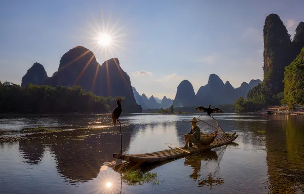 Picture mountains, lake, bird, boat, China