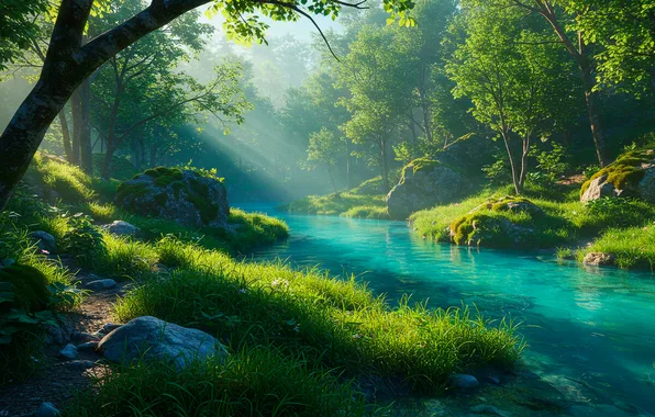 Forest, grass, water, trees, river, stones, grass, forest