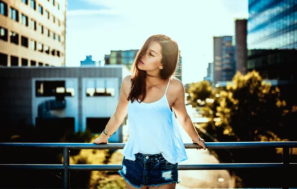 Summer, girl, the city, pose, street, model, shorts, top