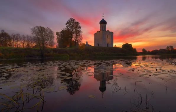 Picture autumn, trees, landscape, sunset, nature, river, Church, temple