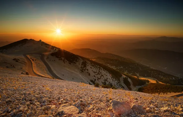 Road, sunset, mountains, France, horizon, France, Mont Ventoux