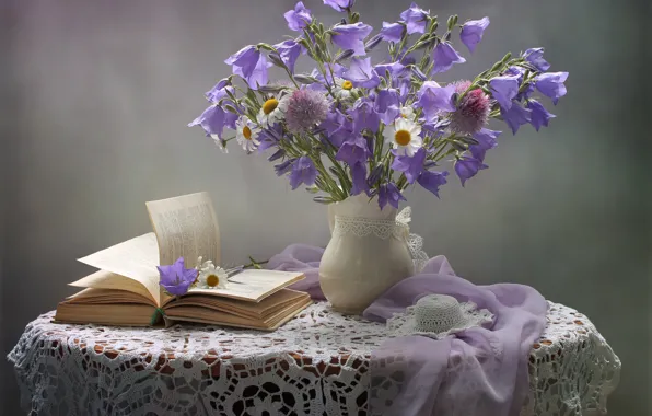 Picture flowers, chamomile, scarf, book, hat, pitcher, still life, bells