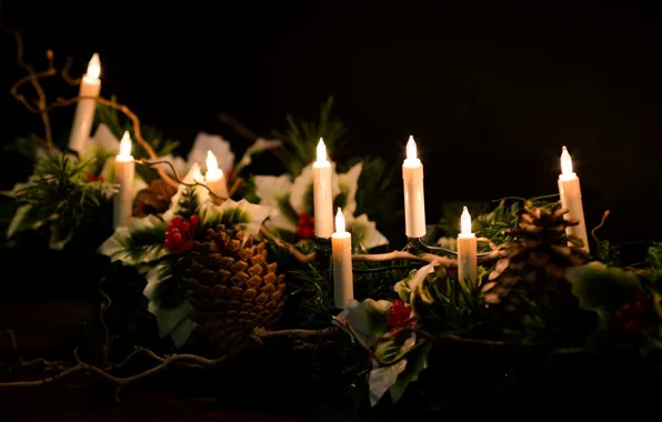 Leaves, lights, background, holiday, Wallpaper, new year, candles, wallpaper