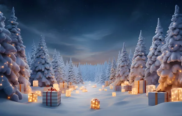 Winter, forest, snow, ate, Christmas, gifts, New year, tree