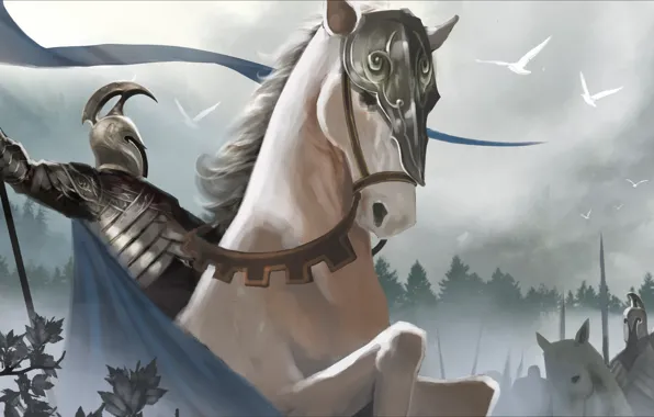 Fog, horse, sword, army, warrior, the Lord of the rings, art, helmet