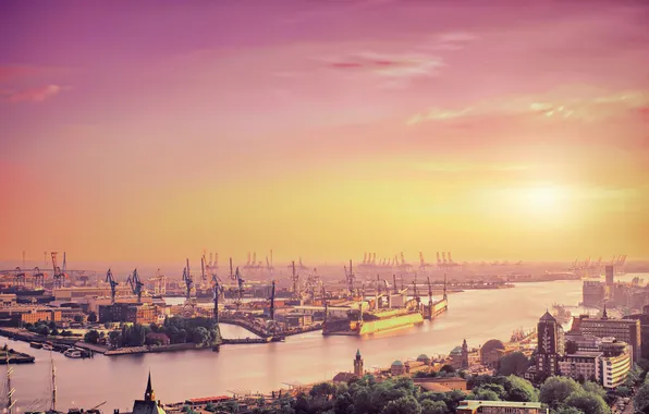 The sky, the sun, the city, river, England, London, port, cranes