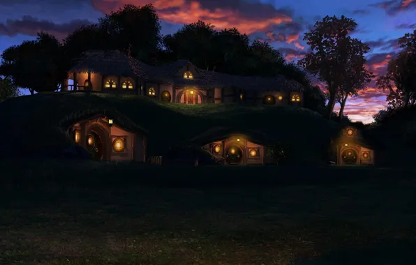 Clouds, trees, sunset, lights, hills, Nora, the Lord of the rings, lord of the rings