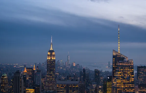 City, lights, USA, night, New York