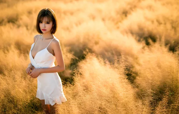 Brunette, Asian, Model, Chain, Field, Short Hair, Dress, Look