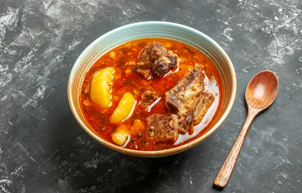 Picture plate, inside, delicious, soup, meat, potatoes