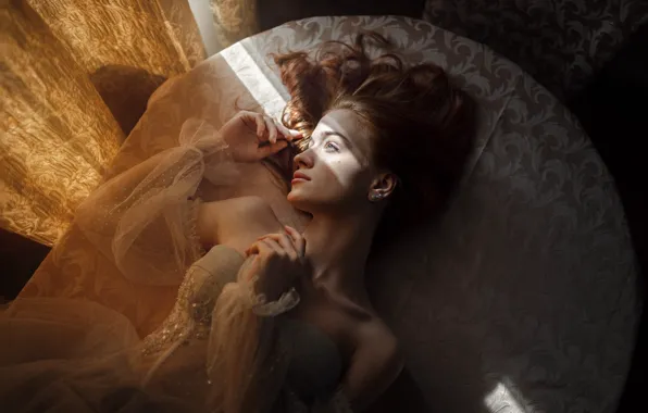 Picture look, girl, light, face, pose, hands, lies, curtains