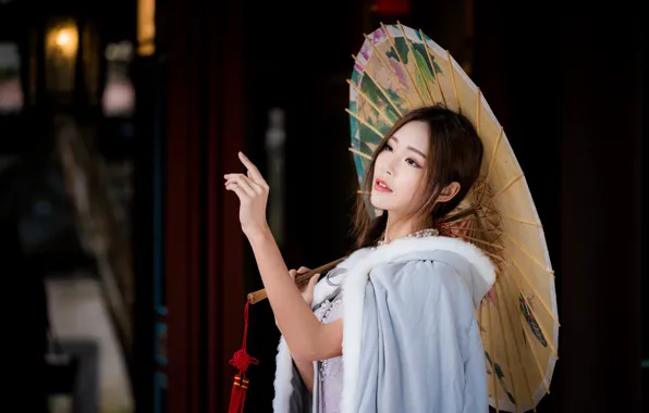 Girl, umbrella, Asian, cutie