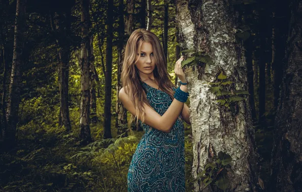Picture look, girl, trees, nature, makeup, dress, blonde, lips