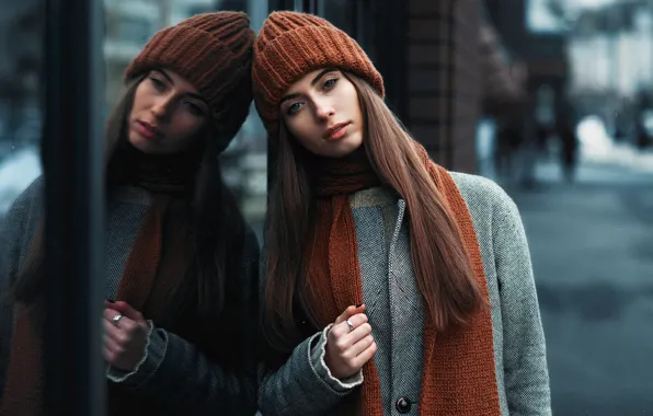 Look, girl, city, reflection, sweetheart, hat, portrait, scarf