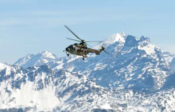 Picture the sky, snow, mountains, tops, helicopter