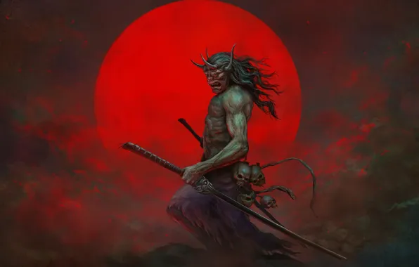 Sword, the demon, samurai, red background