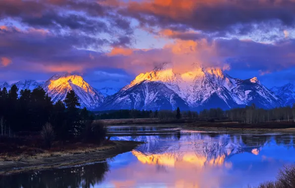 The sky, clouds, snow, trees, mountains, clouds, lake, reflection
