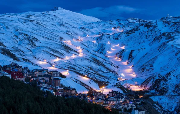 Mountains, night, lights, lights, track, space, town, Spain