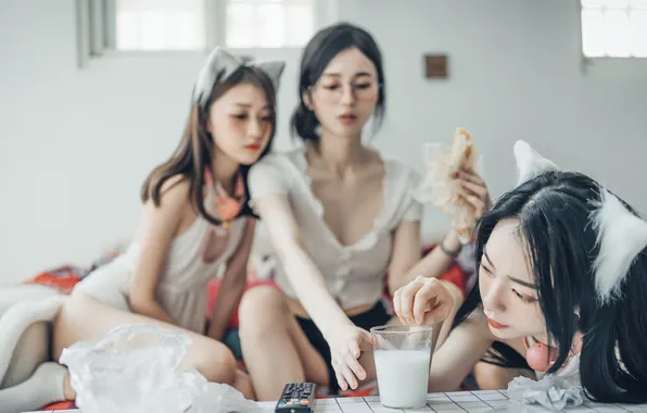 Asian, Glass, Girls, Women, Milk, Sofa, Glasses, Sitting