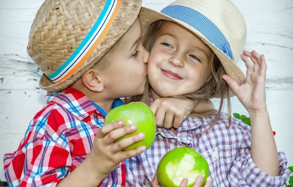 Picture joy, children, apples, kiss, hat, boy, girl
