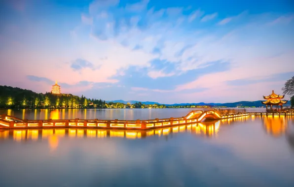 Picture city, lights, China, twilight, sky, bridge, water, clouds