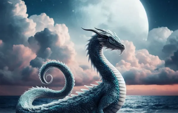 Sea, clouds, pose, blue, the moon, dragon, fantasy, tail