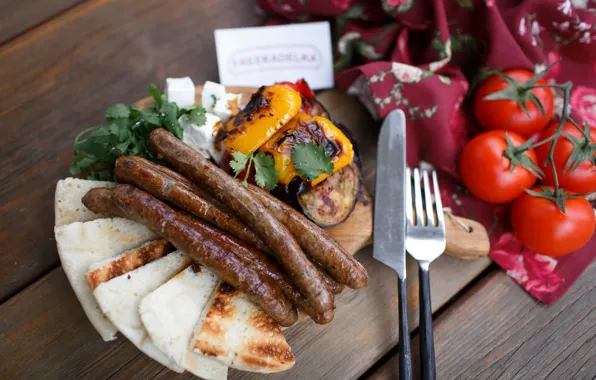 Bread, tomatoes, sausages