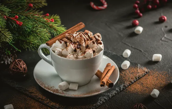 Branches, table, Christmas, candy, mug, Cup, New year, drink