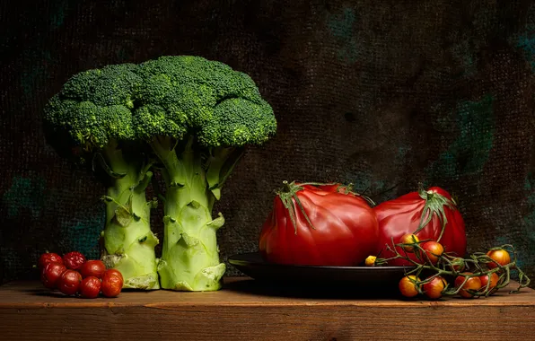 Still life, vegetables, tomatoes, broccoli