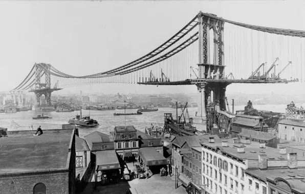 Picture retro, New York, USA, the construction of the bridge