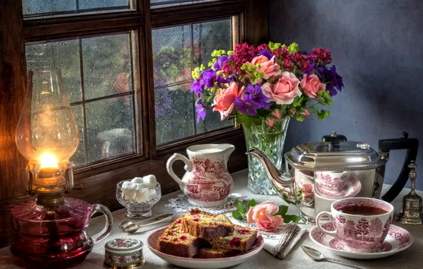 Rain, tea, lamp, roses, bouquet, window, pie, sugar