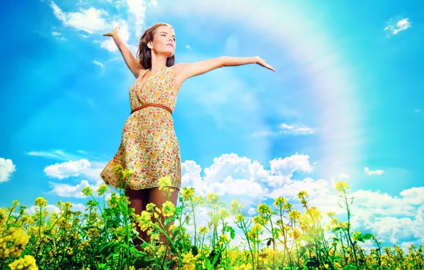 The sky, girl, clouds, nature, rainbow, rainbow, girl, brown hair