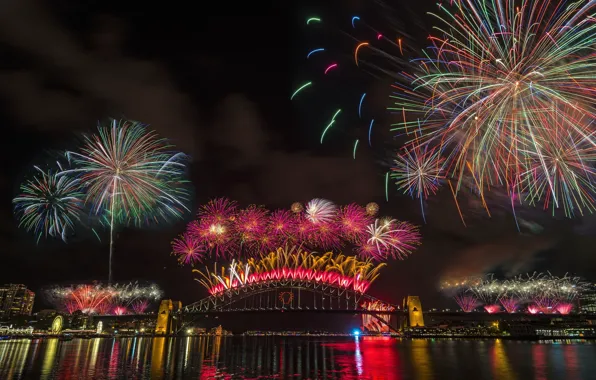 Night, bridge, lights, Australia, Sydney, fireworks, fireworks, Harbour Bridge