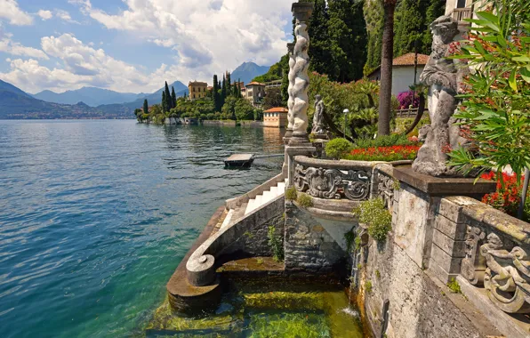 Flowers, mountains, lake, Villa, home, Italy, stage, statue