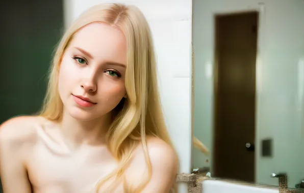 Picture eyes, women, face, blonde, digital art, bathroom, mirror, mouth