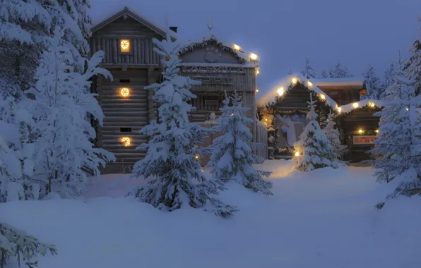 Winter, snow, trees, night, the city, house, photo, Finland