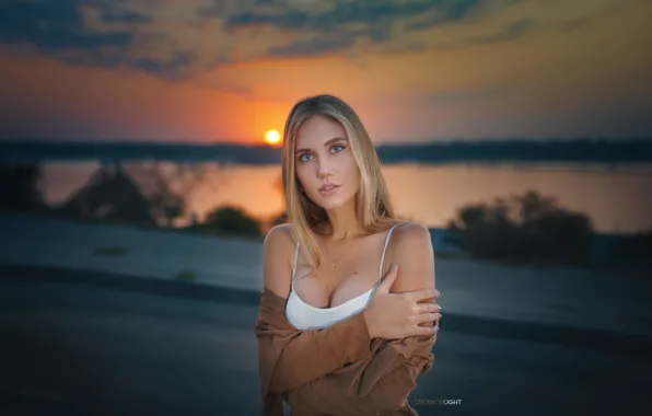Picture chest, look, the sun, sunset, Girl, blonde, Alexander Drobkov-Light, Anastasia Popova