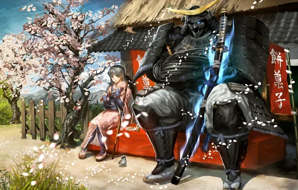 Girl, bird, sword, katana, petals, Sakura, warrior, art